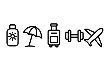Travel related icons set including sunscreen, beach umbrella, luggage, fitness dumbbell, and airplane symbols for banners, infographics, books, and designs, vector