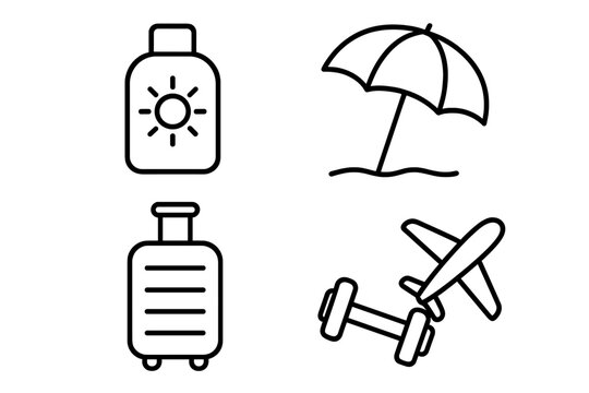 Travel related outline icon set including sunscreen bottle, beach umbrella, luggage suitcase, fitness dumbbell, and airplane symbols for banners, infographics, and travel design elements