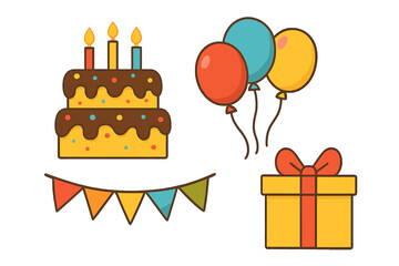 Colorful birthday party vector illustration set with chocolate cake, candles, balloons, gift box, and festive bunting, celebration elements with transparent background