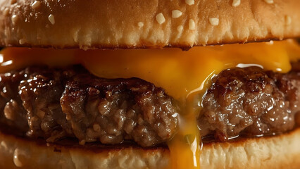 Close-up of a juicy cheeseburger dripping with melted cheese.