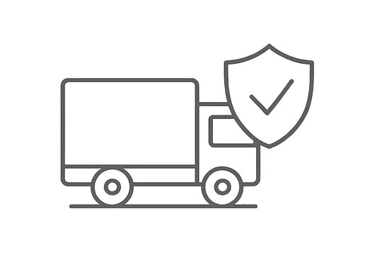 Outline vector illustration of delivery truck with shield and checkmark symbolizing secure shipping, protection, cargo safety, logistics, and transportation services design