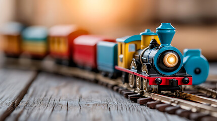 Classic vintage toy train set on wooden floor, showcasing vibrant colors and intricate details, evokes nostalgia and joy