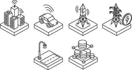 Isometric outline icons representing smart city infrastructure editable stock