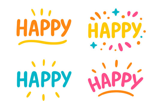 Colorful happy lettering designs set, cheerful hand-drawn typography illustrations for birthday cards, celebrations, joyful expressions, festive decorations, vibrant emotions vector