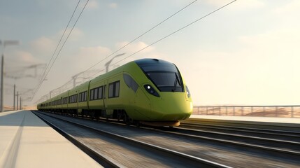 Fototapeta premium carbon,neutral,concept Sleek modern train speeding along tracks in a bright, open landscape.