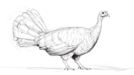 A long-bodied turkey, its body oriented to the right of the image, facing forward. A series of minimalist line drawings, focusing on form and silhouette. isolated on a white background