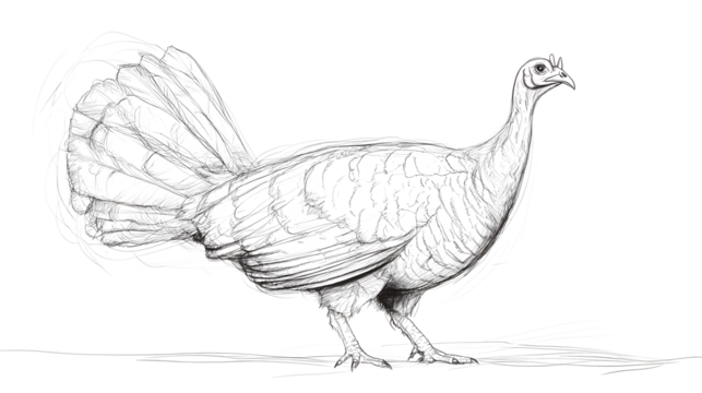 A long-bodied turkey, its body oriented to the right of the image, facing forward. A series of minimalist line drawings, focusing on form and silhouette. isolated on a white background