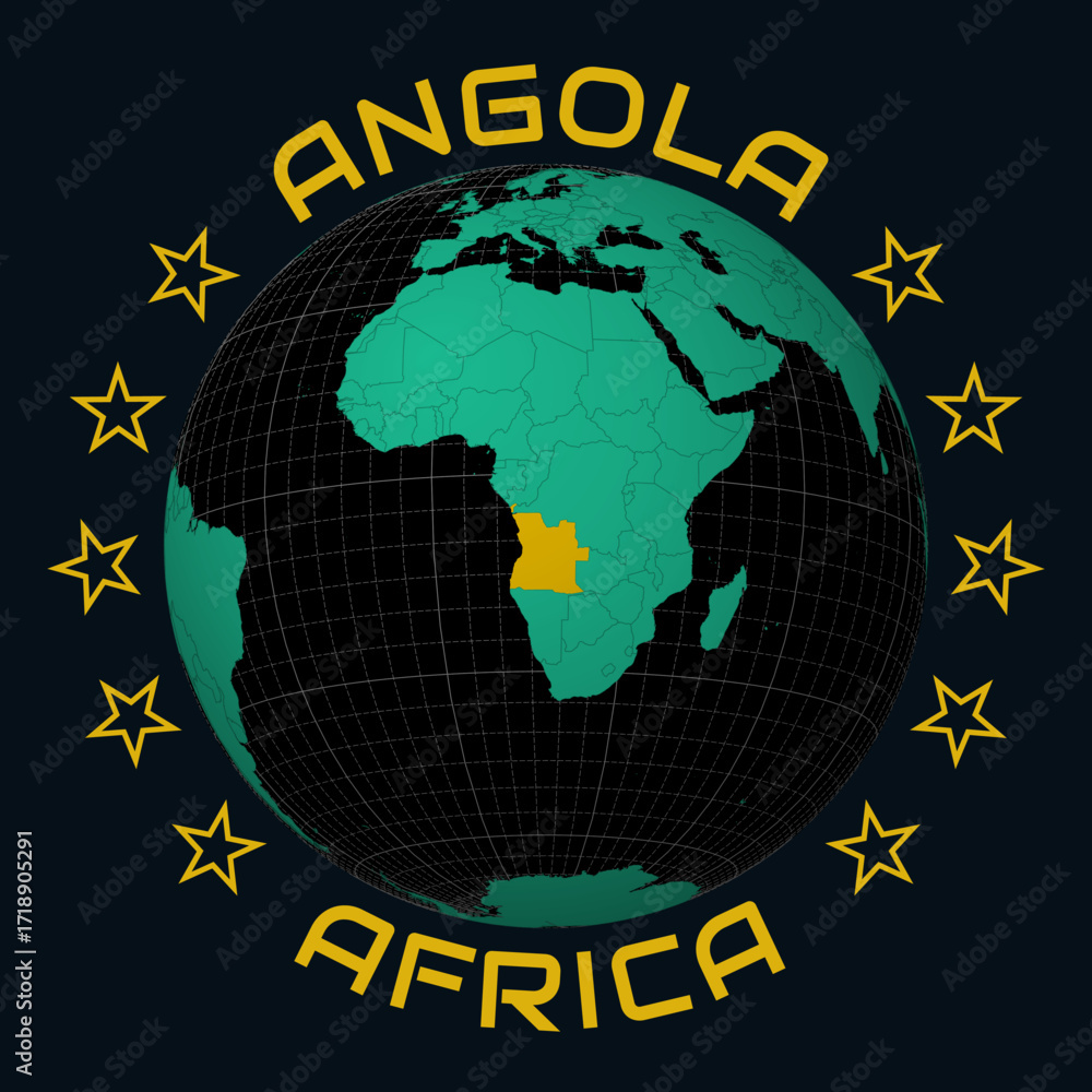 Poster angola on globe. round country and continent name text. country view on world map in black emerald c