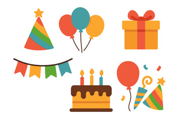 Birthday party vector elements set. Flat design cartoon icon collection for celebration. Includes cake with candles, gift box, balloons, party hat, festive garland and confetti.