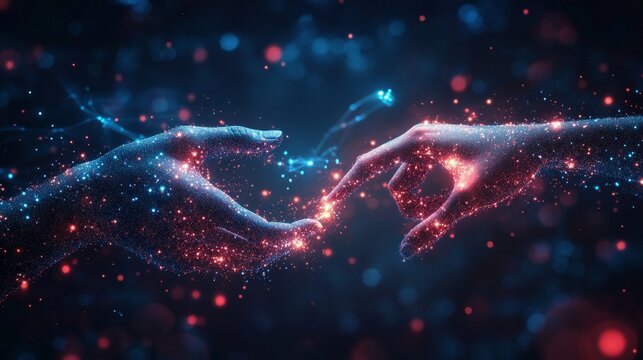 Illustration of hands connecting big data dots, symbolizing cloud storage, artificial intelligence, and communication networks for modern digital systems, Generative AI