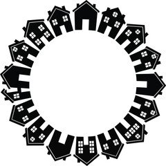 Black houses arranged in a circle on a white background view editable stock