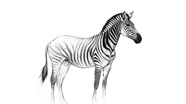 A long-bodied zebra, its body oriented to the right of the image, facing forward. A series of minimalist line drawings, focusing on form and silhouette. isolated on a white background