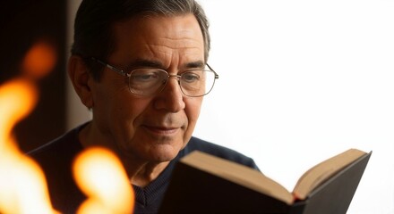 Elderly Hispanic man reading a book indoors by the fireplace