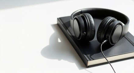 Black over-ear headphones resting on a closed notebook in daylight  