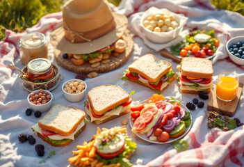 Fototapeta premium Sunny Picnic Spread: Sandwiches, Salads, and Summer Treats