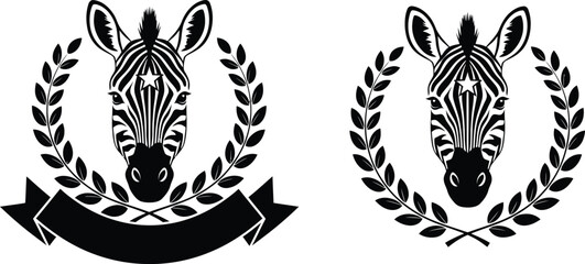 Two zebra heads with laurel wreaths and a banner in black and white editable stock