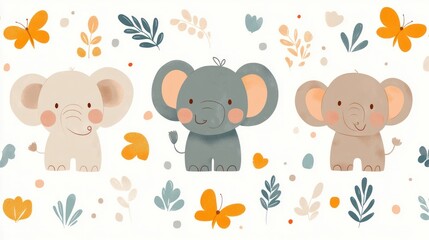 Obraz premium Cute elephants surrounded by leaves and flowers