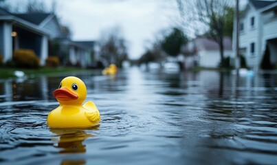 Water and rubber duck symbolizing the impact of a hurricane flood on homes, emphasizing the need for crisis management, insurance, and emergency response, Generative AI