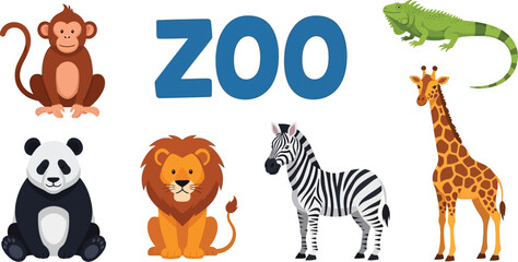 Cartoon zoo animals including a monkey lion zebra and giraffe editable stock
