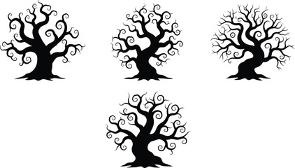 Four spooky black silhouette trees with curly branches on a white background