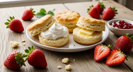 Delicious homemade biscuits served with fresh strawberries and sweet toppings