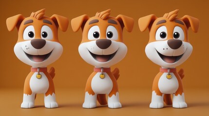 Obraz premium Three adorable cartoon puppies stand in a row against a muted orange background. They are nearly identical, showcasing slight variations in pose