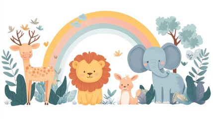 Adorable jungle animals beneath a rainbow
