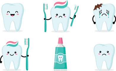 Cartoon teeth with toothpaste and toothbrushes on white background editable stock