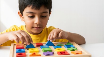 Indian boy playing with colorful shape sorting toy indoors  