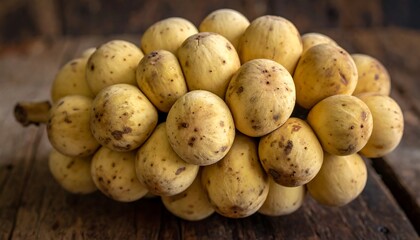 Fresh Ripe Langsat Fruit Cluster on Wood.