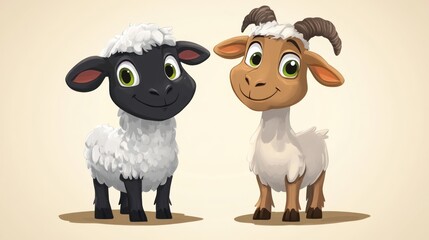 Adorable cartoon sheep and goat, standing side-by-side, smiling