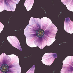 Naklejka premium Watercolor purple flowers with petals with stamens from anemone buds seamless pattern. Hand drawn Pink windflowers, delicate floral fabric, wallpaper on Isolated dark coloured background illustration