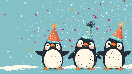 Three cheerful penguins celebrate in winter wonderland
