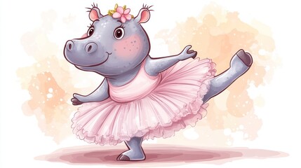 Cute hippo ballerina dancing