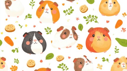 Adorable guinea pigs and veggies pattern