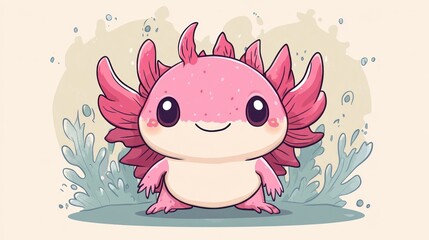 Adorable pink axolotl cartoon, smiling, surrounded by aquatic plants