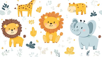 Adorable cartoon safari animals with foliage