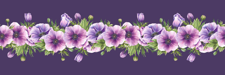 Anemones flowers with purple buds and green leaves seamless border. Watercolor greenery floral horizontal pattern design for textile printing Hand drawn isolated on dark violet background illustration