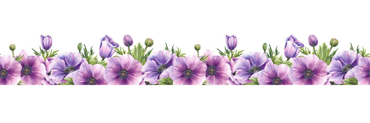 Anemones purple flowers with pink buds, green leaves watercolor seamless border. Realistic blooming floral wedding, valentines day repeated clipart Hand drawn on isolated white background illustration