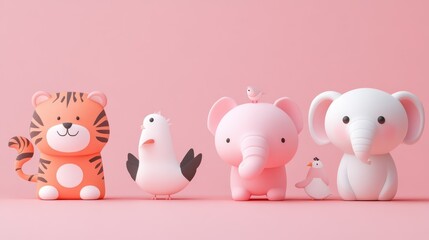Adorable 3D cartoon animals on pink background