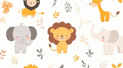 Adorable safari animals and leaves pattern