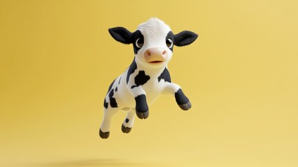Adorable 3D-rendered calf leaps against a yellow backdrop