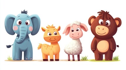 Adorable cartoon animals elephant, foal, lamb, bear