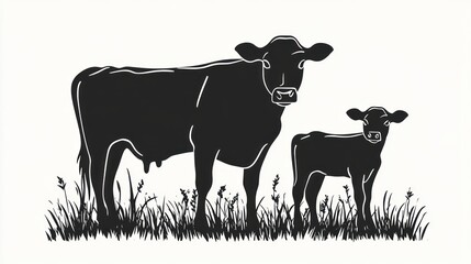 Cow and calf silhouette in grassy field
