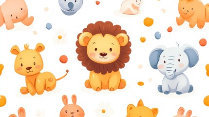 Adorable baby animals pattern. Cute cartoon lion, elephant, koala, rabbit and other animals on white background with flowers and dots. Perfect for kids' fabric, wallpaper, or nursery decor