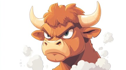 Angry bull illustration, detailed fur, horns, and steam