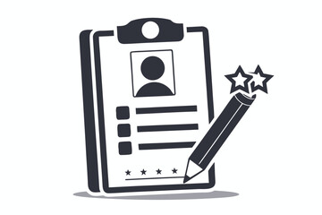 Clipping Board with Profile Icon, Pencil, and Stars, on White Background