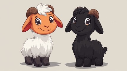 Two adorable cartoon lambs, one white and orange, the other black, stand side-by-side