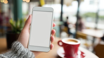 A woman's hand holding a white phone with a blank screen and a red coffee cup on a table in a modern cafe on a background. UI mockup. Mobile interface. Meme template