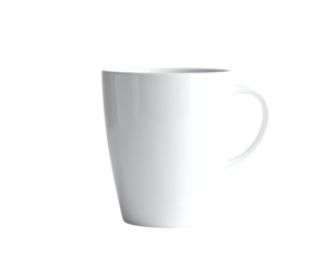 Tapered white ceramic mug with a single C-shaped handle; clean, minimalist design